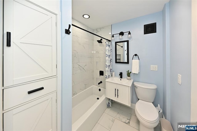 bathroom with marble finish flooring, toilet, shower / tub combo, vanity, and baseboards