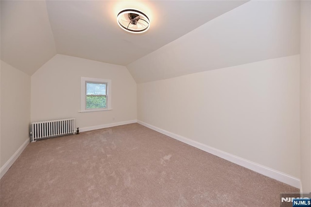 additional living space featuring radiator, vaulted ceiling, carpet, and baseboards