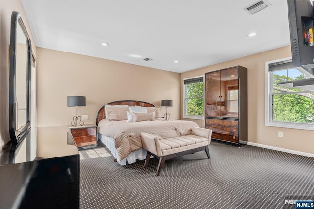 bedroom featuring carpet flooring, recessed lighting, and baseboards