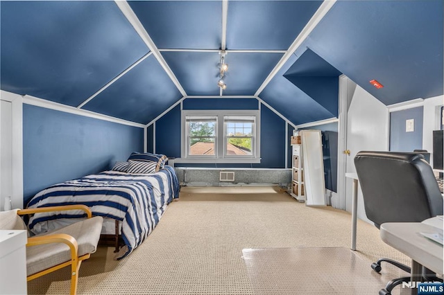 carpeted bedroom featuring vaulted ceiling