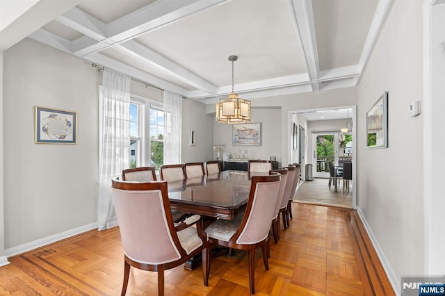 dining space with coffered ceiling, baseboards, healthy amount of natural light, a chandelier, and beamed ceiling