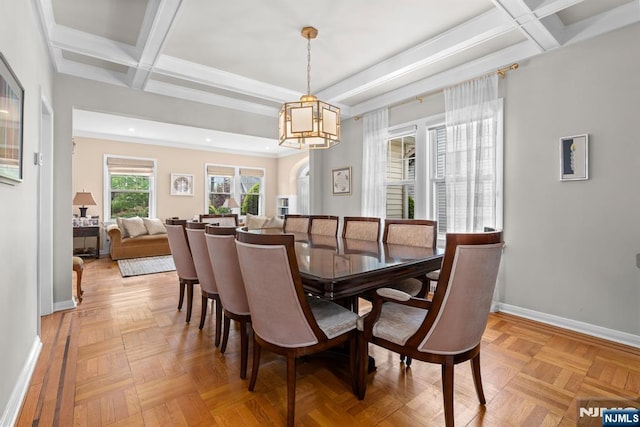 dining space featuring baseboards, coffered ceiling, beamed ceiling, recessed lighting, and a chandelier
