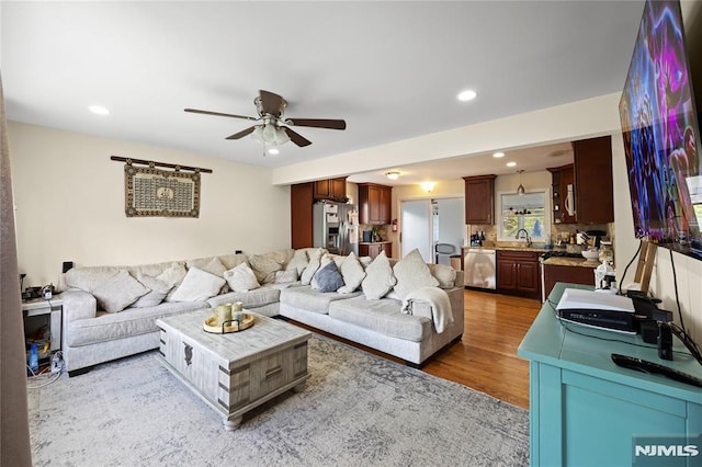 186 10th Ave, Hawthorne, NJ 07506 - living room featuring a ceiling fan, wood finished floors, and recessed lighting