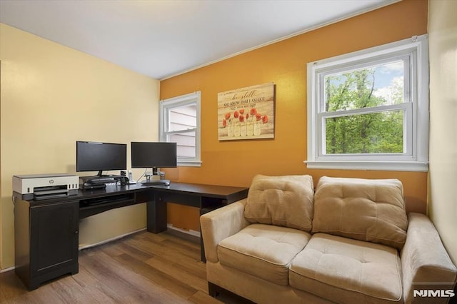 home office with wood finished floors and healthy amount of natural light