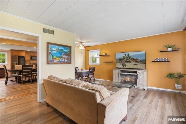 living area with crown molding, light wood finished floors, ceiling fan, a warm lit fireplace, and baseboards