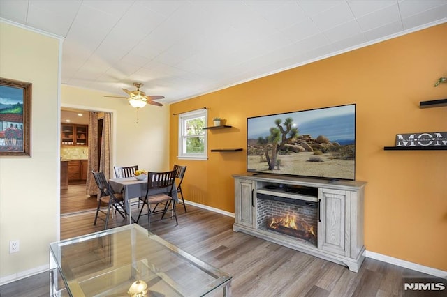 living room featuring crown molding, wood finished floors, a warm lit fireplace, and ceiling fan
