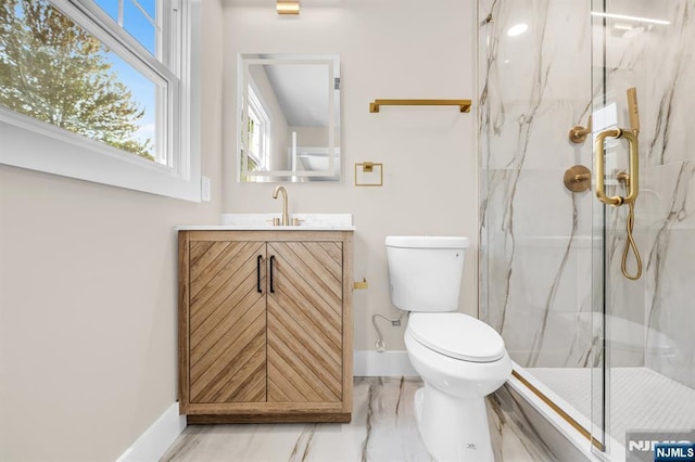full bath featuring baseboards, a marble finish shower, toilet, and plenty of natural light
