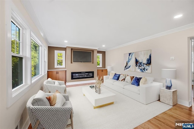 living area featuring ornamental molding, a glass covered fireplace, healthy amount of natural light, wood finished floors, and recessed lighting