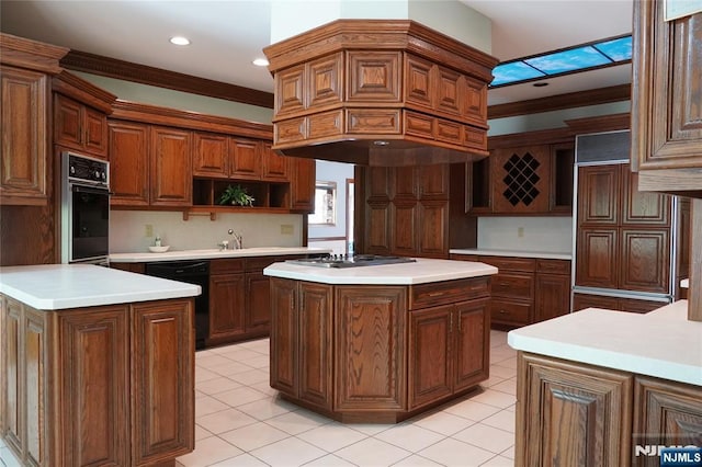 kitchen featuring black appliances, premium range hood, light tile patterned floors, open shelves, and ornamental molding
