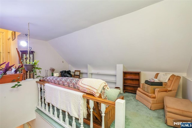 bedroom with carpet floors and lofted ceiling