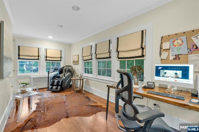 121 Beverly Rd, Montclair, NJ 07043 - office space featuring crown molding, wood finished floors, radiator heating unit, recessed lighting, and baseboards