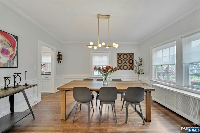 121 Beverly Rd, Montclair, NJ 07043 - dining space featuring radiator, dark wood finished floors, crown molding, a chandelier, and wainscoting