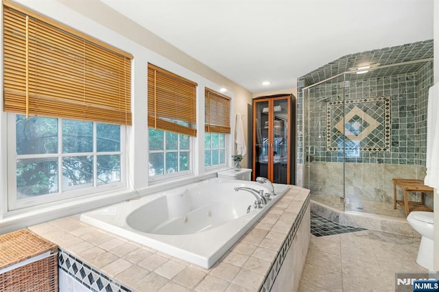 121 Beverly Rd, Montclair, NJ 07043 - full bathroom with a shower stall, tile patterned floors, a tub with jets, toilet, and recessed lighting