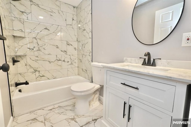 bathroom with marble look tiles, toilet, vanity, and tub / shower combination