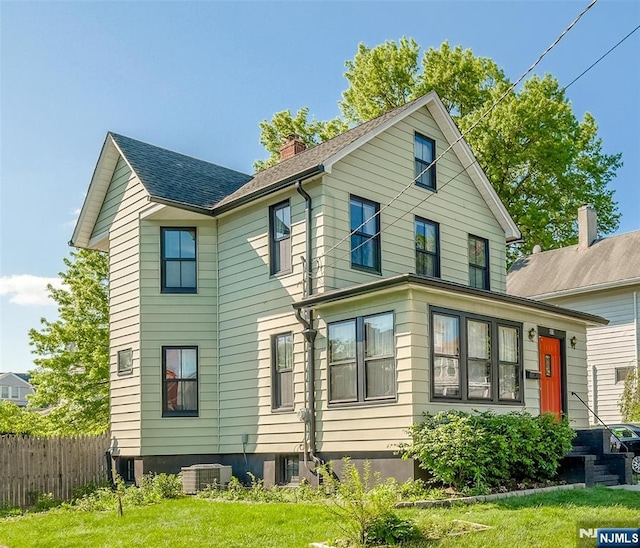 51 Maple St, Rutherford, NJ 07070 - view of property exterior with a chimney, central air condition unit, and a shingled roof