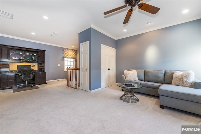 living area featuring an office area, light colored carpet, recessed lighting, ornamental molding, and baseboards
