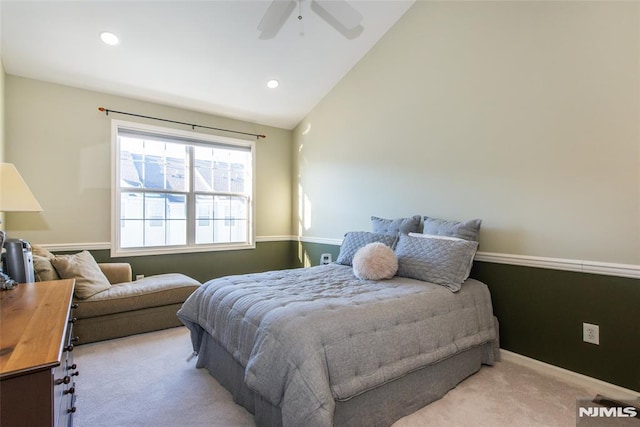 bedroom with carpet, vaulted ceiling, a ceiling fan, and recessed lighting