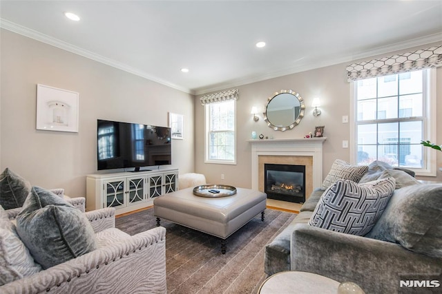 living area featuring crown molding, wood finished floors, a fireplace with flush hearth, and recessed lighting