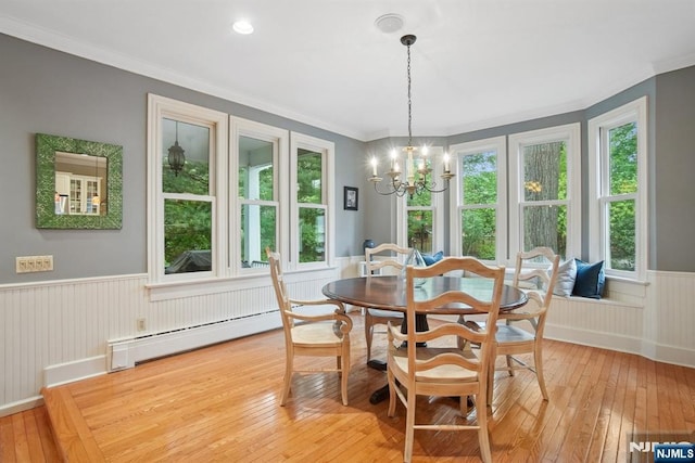 125 Bellevue Ave, Montclair, NJ 07043 - dining space with a baseboard heating unit, light wood finished floors, wainscoting, plenty of natural light, and ornamental molding