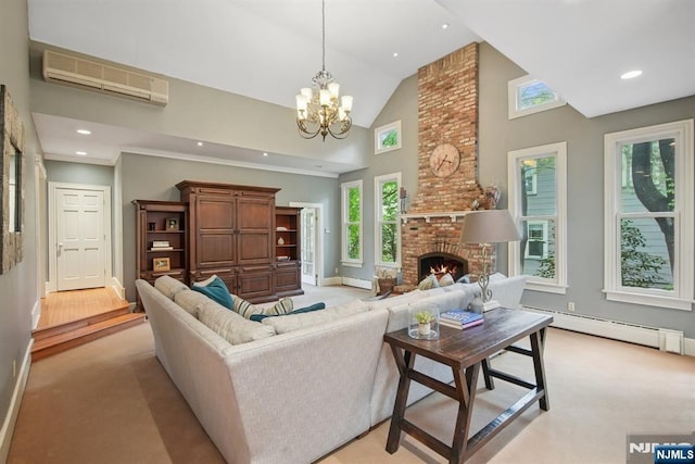 125 Bellevue Ave, Montclair, NJ 07043 - living area with a baseboard radiator, light colored carpet, a wall mounted air conditioner, high vaulted ceiling, and baseboards