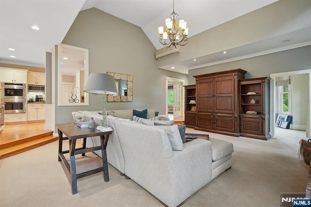 125 Bellevue Ave, Montclair, NJ 07043 - living room featuring light colored carpet, a chandelier, recessed lighting, high vaulted ceiling, and ornamental molding