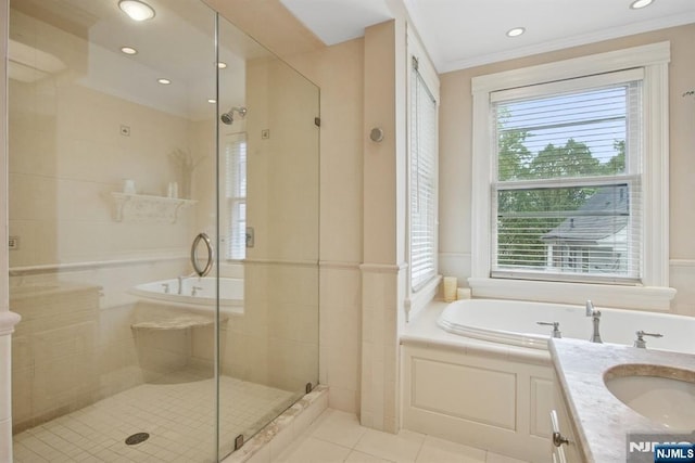 125 Bellevue Ave, Montclair, NJ 07043 - bathroom with plenty of natural light, a stall shower, a bath, recessed lighting, and crown molding