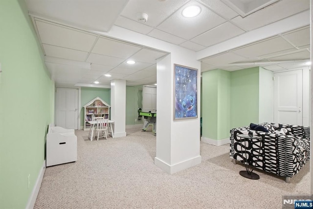 125 Bellevue Ave, Montclair, NJ 07043 - game room featuring baseboards, carpet, a drop ceiling, and recessed lighting