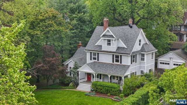 125 Bellevue Ave, Montclair, NJ 07043 - view of front of house featuring covered porch, a shingled roof, a chimney, and a front yard