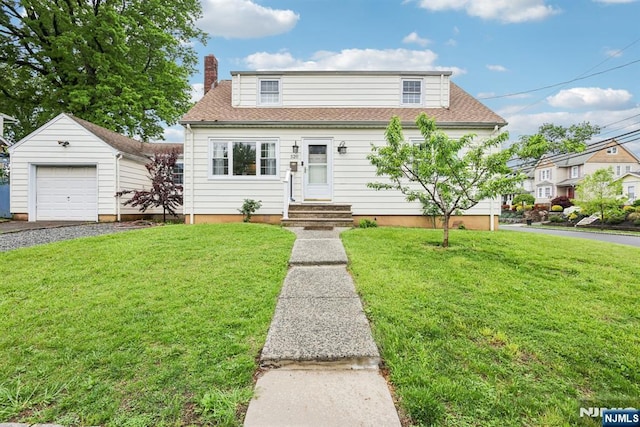520 Elm St, Roselle Park, NJ 07204 - view of front of home featuring an outdoor structure, a chimney, a front lawn, a garage, and roof with shingles