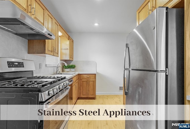 370 Chesterfield St, Ridgewood, NJ 07450 - kitchen featuring stainless steel appliances, under cabinet range hood, a sink, light wood finished floors, and recessed lighting