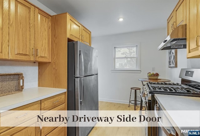 370 Chesterfield St, Ridgewood, NJ 07450 - kitchen featuring under cabinet range hood, stainless steel appliances, light wood finished floors, light countertops, and baseboards