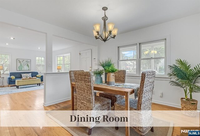 370 Chesterfield St, Ridgewood, NJ 07450 - dining room with light wood-style floors, a chandelier, baseboards, and recessed lighting