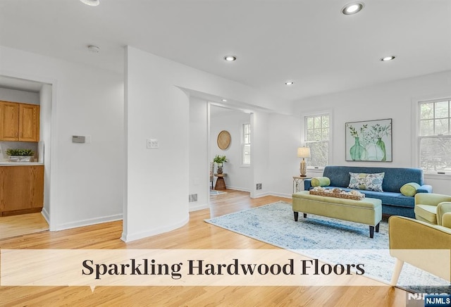370 Chesterfield St, Ridgewood, NJ 07450 - living room featuring recessed lighting, healthy amount of natural light, light wood-style floors, and baseboards