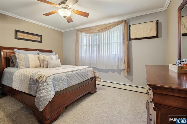 bedroom with a baseboard radiator, light colored carpet, ornamental molding, and ceiling fan