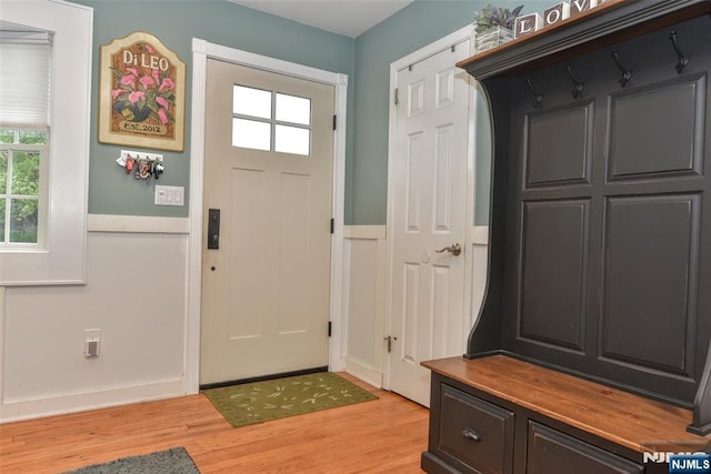 mudroom featuring plenty of natural light, light wood-type flooring, and wainscoting