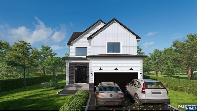 view of front of house featuring board and batten siding, a garage, a front lawn, stone siding, and driveway