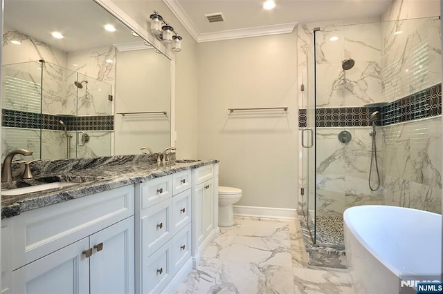 bathroom with marble finish flooring, a marble finish shower, crown molding, double vanity, and a soaking tub