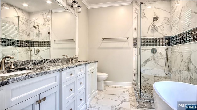 full bathroom with marble finish flooring, a marble finish shower, double vanity, ornamental molding, and a soaking tub