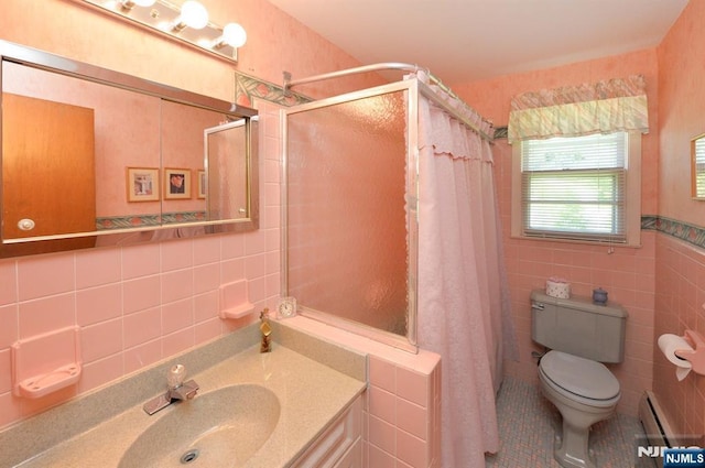 36 Joyce Ln, Wayne, NJ 07470 - full bath with tile walls, baseboard heating, curtained shower, toilet, and vanity