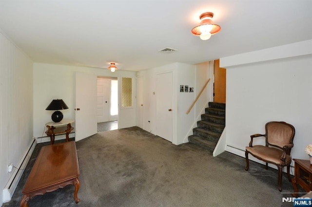 36 Joyce Ln, Wayne, NJ 07470 - entryway with baseboard heating, stairs, and carpet flooring