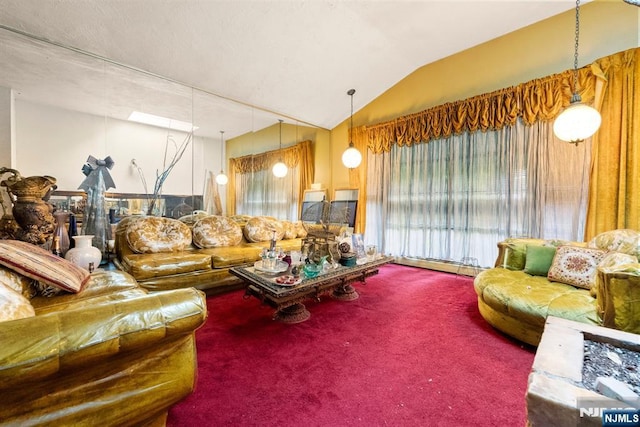 86 Fairview Ave, Teaneck, NJ 07666 - carpeted living area featuring vaulted ceiling and baseboard heating