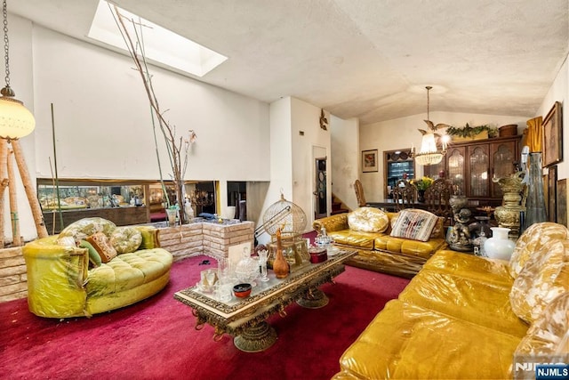 86 Fairview Ave, Teaneck, NJ 07666 - living area featuring a chandelier, vaulted ceiling, a skylight, and carpet floors