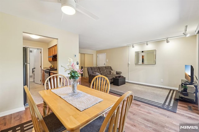 825 Riverside Unit 204, Lyndhurst, NJ 07071 - dining area featuring rail lighting, light wood finished floors, ceiling fan, and baseboards