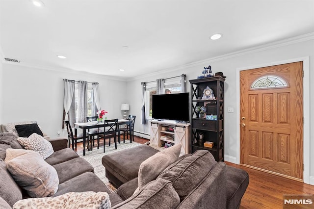6 Glen Ave, Mine Hill Township, NJ 07803 - living room featuring baseboards, recessed lighting, ornamental molding, wood finished floors, and a baseboard heating unit