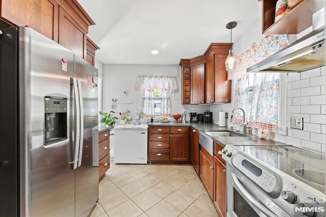 6 Glen Ave, Mine Hill Township, NJ 07803 - kitchen with appliances with stainless steel finishes, ventilation hood, brown cabinetry, backsplash, and recessed lighting