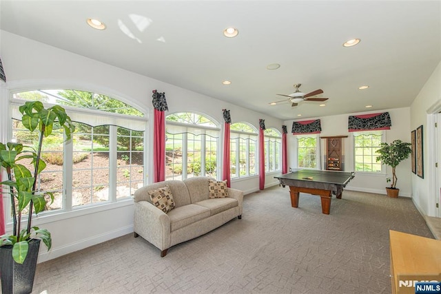 39 Crown View Ct, Sparta, NJ 07871 - rec room featuring recessed lighting, baseboards, pool table, ceiling fan, and carpet flooring