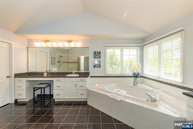 39 Crown View Ct, Sparta, NJ 07871 - bathroom with vaulted ceiling, vanity, a bath, and a shower stall