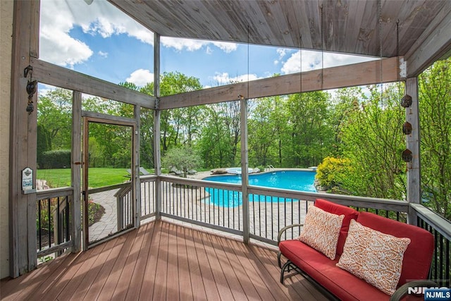 39 Crown View Ct, Sparta, NJ 07871 - wooden terrace featuring an outdoor pool and view of scattered trees