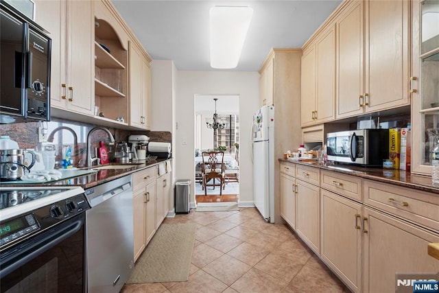 300 Winston Dr Unit 1817, Cliffside Park, NJ 07010 - kitchen with appliances with stainless steel finishes, open shelves, a sink, light tile patterned flooring, and light brown cabinets