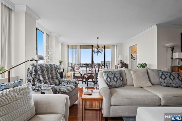 300 Winston Dr Unit 1817, Cliffside Park, NJ 07010 - living room with wood finished floors, a chandelier, and crown molding